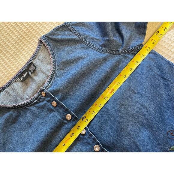 Erika Floral Embroidered Cottagecore 100% Cotton Chambray Button Up Blouse Large - Picture 8 of 9